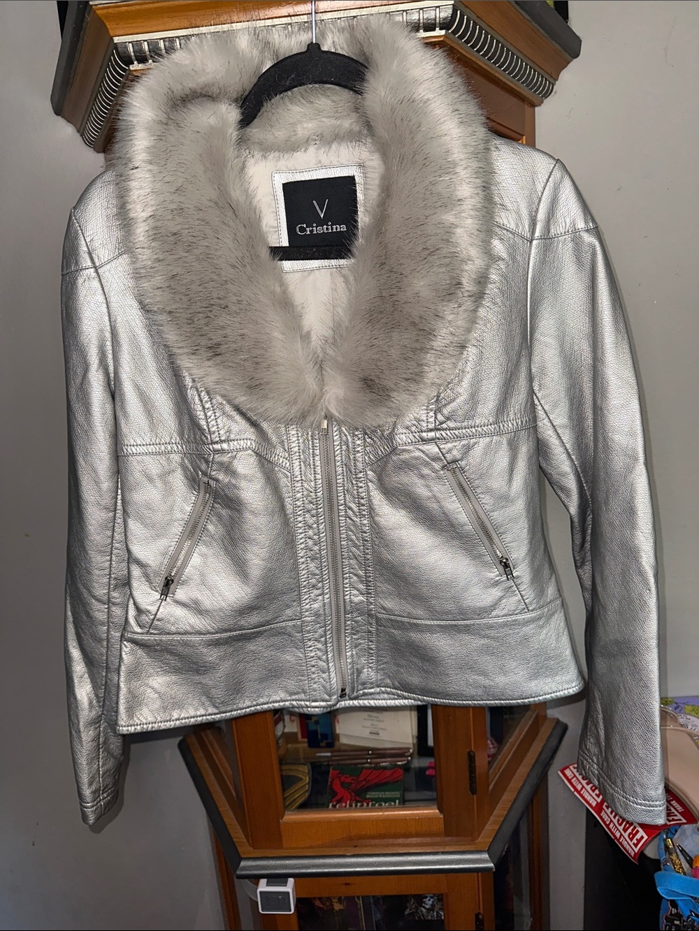 Christina Metallic Silver Faux Fur Collar Leather Jacket
